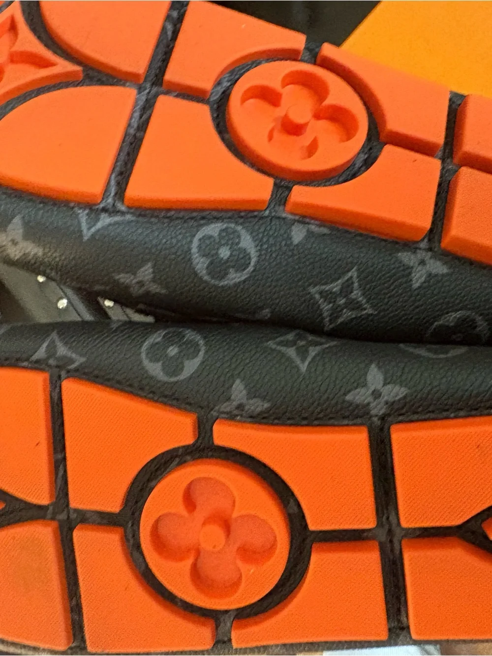 Louis Vuitton Black Monogram Driving Moccasins with Orange Accents